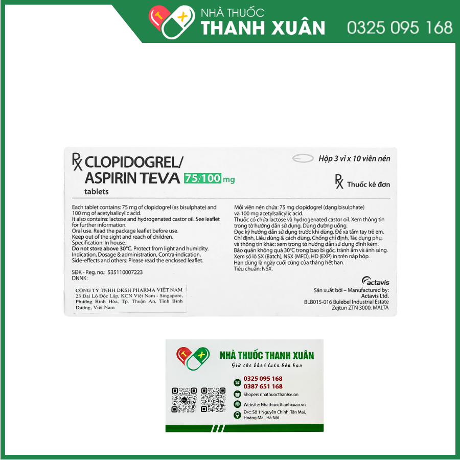 Clopidogrel/Aspirin TEVA 75/100mg trị bệnh mạch vành, nhồi máu cơ tim